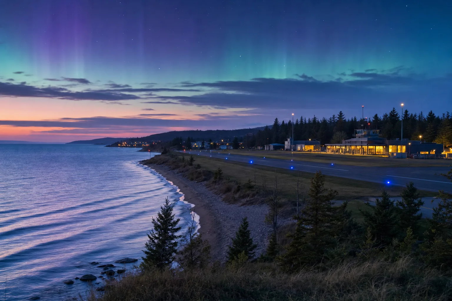 A small Great Lakes shoreline airport at blue hour under the northern lights
